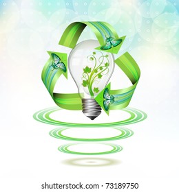 Eco bulb suspended with waves on blue background