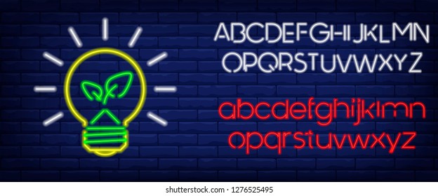 Eco bulb vector neon logo, sign, emblem, symbol poster . Bright banner poster, neon bright sign. Editing text neon sign