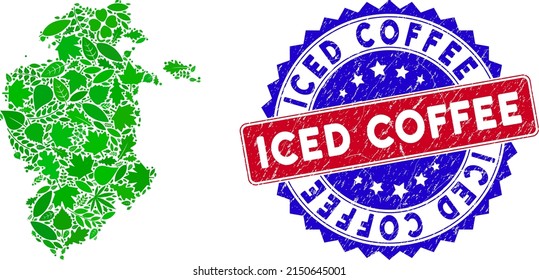 Eco Burgos Province map collage of herbal leaves in green color tinges with grunge bicolor Iced Coffee seal stamp. Red and blue bicolored seal with unclean texture and Iced Coffee phrase.