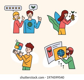 Eco business concept people who protect nature.  flat design style minimal vector illustration.