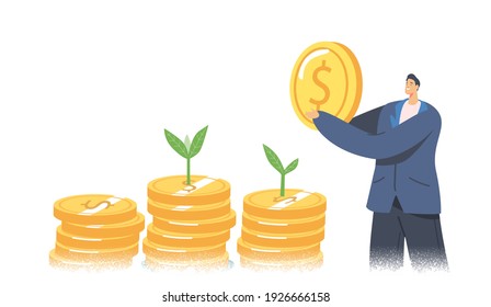 Eco Business Corporate Social Responsibility, Green Co2 Tax Concept. Businessman Character Holding Huge Golden Coin, At Money Piles With Green Plant Sprouts Growing On Top. Cartoon Vector Illustration