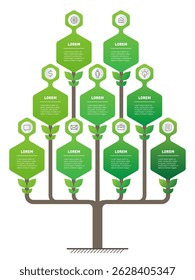 Eco Business Growth Tree Infographic: Green Hexagons Flowchart with Icons for Sustainability Reports, Environmental Strategies and Corporate Development Plans.