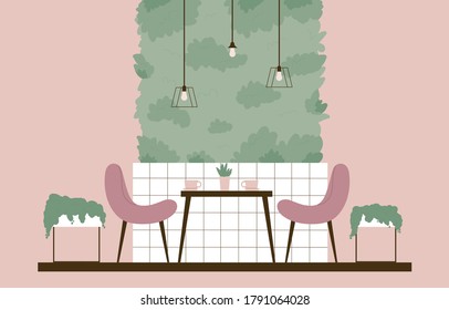 Eco Cafe. Vertical garden. Environment friendly eco design of wall. Interior plants decor elements. Vector flat illustration