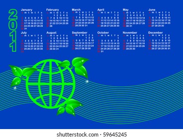 Eco Calendar 2011. Globe with leaves and drops. Vector.
