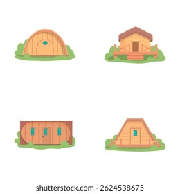 Eco camp icons set cartoon vector. Wooden comfortable glamping tent. Travel, rest and adventure