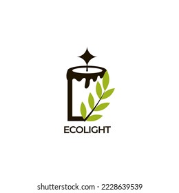 Eco candle logo with leaves in minimalistic style for branding, aromatic candle fire light, scandinavian style symbol, hygge element 