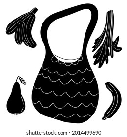 Eco canvas bag for fresh fruits in black for any color change, vegetables buying, ecology friendly shopping, handbag for purchases and grocery. Hand drawn vector illustration