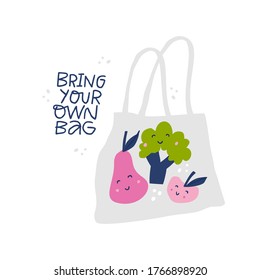 Eco canvas bag hand drawn vector illustration. Kawaii smiling pear, broccoli and apple print on cotton tote. Fresh fruits, vegetables buying. Ecology friendly shopping. Textile handbag for purchases