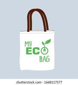 Eco canvas bag. say no to plastic bags, refuse ban slogan and textile shopping handbag illustration