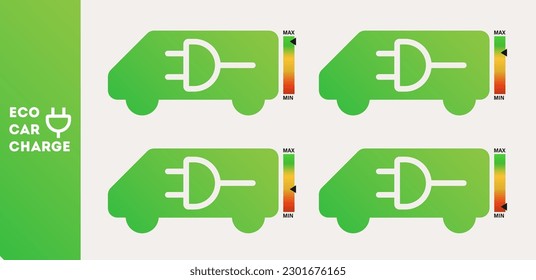 Eco car charge badges. Vehicle charge level. A sign an energy station. Ecological fuel icon set, green fuel vector, energy sign and symbol concept on white background.