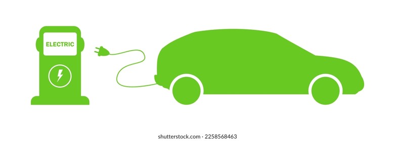 Eco car. Car charging at the charger station. Ecology transport concept vector illustration.