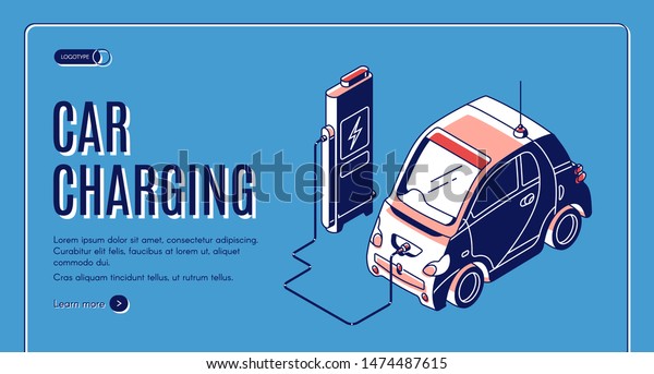 Eco car charging isometric landing page,\
electric station for power charge of ecology hybrid transport on\
blue retro colored background, nature friendly auto, 3d vector\
illustration, banner, line\
art