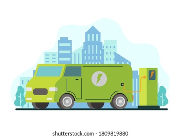 Eco car charging station.Electric van refueling .Green energy.City skyline with skyscrapers.Flat vector illustration.