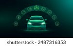 ECO Car clean energy alternative future. EV Electric vehicle charging station battery icon button surround on hi tech digital green background. Ecology environment nature energy technology. Vector.