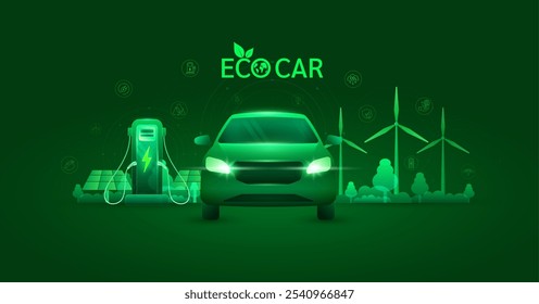 ECO Car clean energy alternative future. EV Electric vehicle charging station. Battery icon button surround on hi tech digital green background. Ecology environment nature energy technology. Vector.