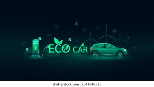 ECO Car clean energy alternative future. EV Electric vehicle charging station. Battery icon button surround on hi tech digital green background. Ecology environment nature energy technology. Vector.