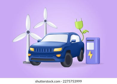 Eco car concept 3D illustration. Icon composition with electric car charges battery at station with alternative green energy source and wind turbines. Vector illustration for modern web design