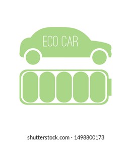 Eco car concept. Ecological transport, automobile is charged battery. Vector illustration in flat style. Template for icon, label, emblem.