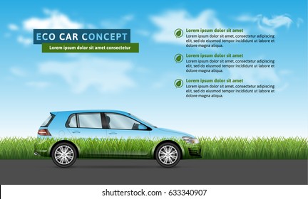 Eco car concept. Hatchback profile view on the grass and sky background. Backdrop for banner, brochure, flyer, advertising booklet