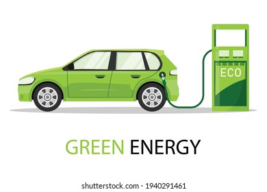 eco car concept on white background. save clean green energy. sustainable and environment concept. isolated on white background. vector illustration in flat style modern design. 