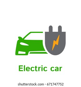 Eco car flat icon logo template for electric charging your car. Car silhouette with electric plug and voltage sign.  Design element for car service.
