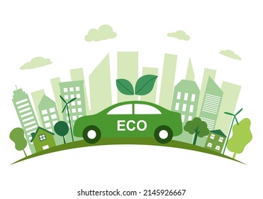 Eco car with green city in flat design on white background.