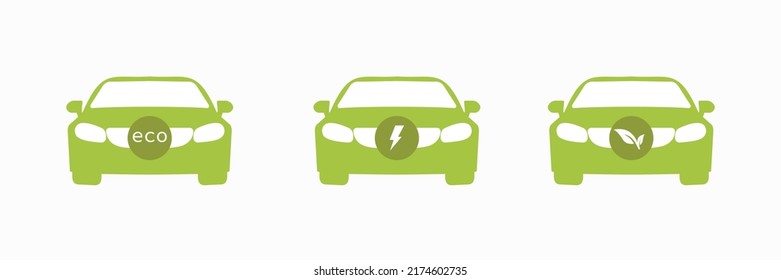 Icono verde Eco Car.  Ponga un coche verde. Hoja verde y señalización del coche. Símbolo de transporte de protección del medio ambiente. Vehículo eléctrico híbrido con hoja. Vector de material
