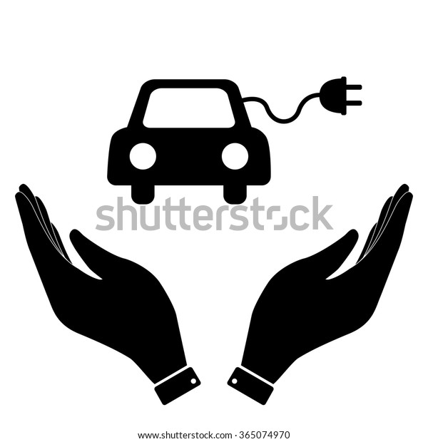 Eco car in hand icon, care symbol vector\
illustration. Flat design\
style