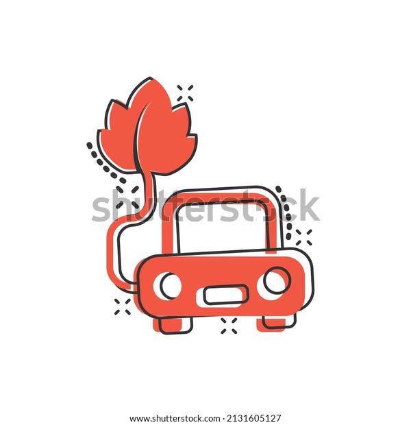 Eco car icon in comic style. Leaf and\
auto cartoon vector illustration on white isolated background. Bio\
charging splash effect sign business\
concept.
