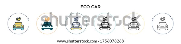 Eco car icon in filled,\
thin line, outline and stroke style. Vector illustration of two\
colored and black eco car vector icons designs can be used for\
mobile, ui, web