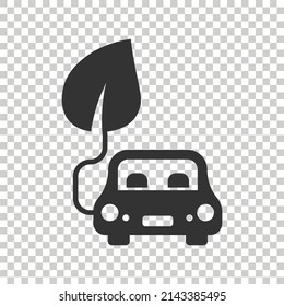 Eco car icon in flat style. Leaf and auto vector illustration on white isolated background. Bio charging sign business concept.
