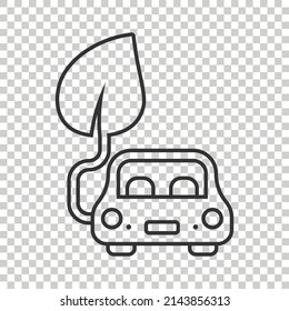 Eco car icon in flat style. Leaf and auto vector illustration on white isolated background. Bio charging sign business concept.