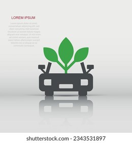 Eco car icon in flat style. Leaf and auto vector illustration on white isolated background. Bio charging sign business concept.