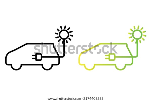 Eco car icon line vector in black and\
green design. Isolated on white background. Environment-friendly\
renewable energy concept. Solar electric\
power.