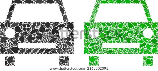 Eco car icon\
mosaic of herbal leaves in green and natural color tints.\
Ecological environment vector concept for car icon. Car vector\
image is formed of green herbal\
items.