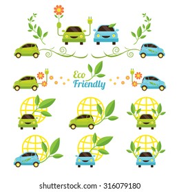 Eco Car Icons Set, Flat Design with Green Plant, Energy Conservation