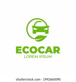 Eco car logo template. Green car icon. Green leaf and car sign. Environment protection transport symbol.