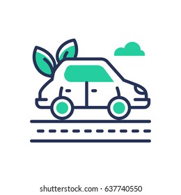 Eco Car - modern vector single line icon. An image of a vehicle that is fueled by ecologically clean energy, leaves, road. Representation of green transportation, new way, better tomorrow.