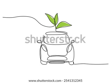 Eco car with plant symbol in continuous one line drawing. Minimalist design promoting green technology and sustainability.