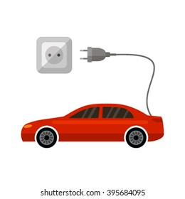 Eco Car symbol. Flat vector illustration of a red electric car charging. Icon