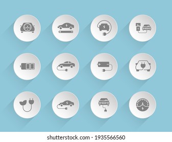 eco car vector icons on round puffy paper circles with transparent shadows on blue background. electric car stock vector icons for web, mobile and user interface design
