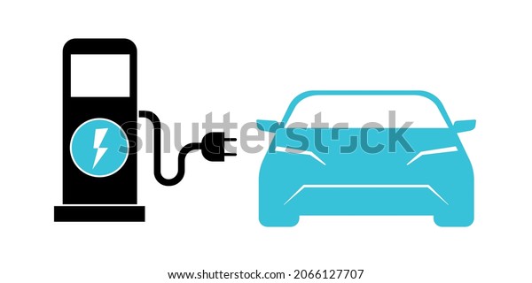 Eco Car Vector Isolated Icons. Electric\
Vehicle Car. Eco friendly and eco green car with power charging\
station with a charger wire cable. Alternative transportation. Anti\
Pollution Solutions.