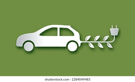 Eco car vector paper cut style. Vehicle with electric connecting battery. Art craft Technology modern origami design. Background concept for greeting card, banner, poster, sticker illustration.