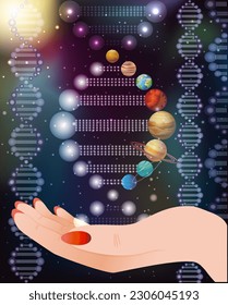 Eco card, female hand holding dna helix, vector illustration
