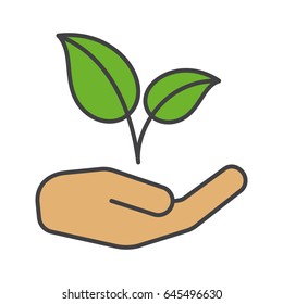 Eco care color icon. Ecology protection. Human hand with plant. Isolated vector illustration