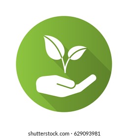 Eco care flat design long shadow icon. Ecology protection. Human hand with plant. Vector silhouette symbol