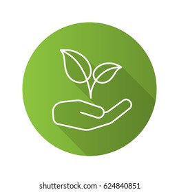 Eco care flat linear long shadow icon. Ecology protection. Human hand with plant. Vector line symbol