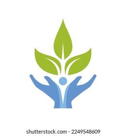 Ilustración de la mano y la hoja del logotipo de cuidado ecológico