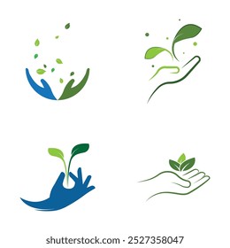 Eco cuidado logotipo mão e folha ilustração design