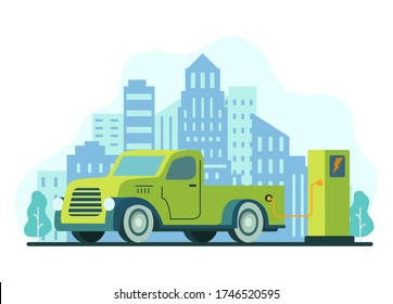 Eco car.Electric pickup truck charging station.Electric refueling.Green energy.City skyline urban landscape with skyscrapers.Power station.Modern technology.Flat vector illustration.